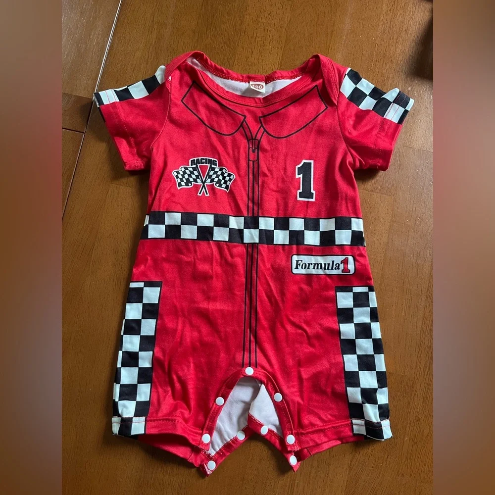 Red Racing Romper with Checkered Pattern - Picture 2 of 2